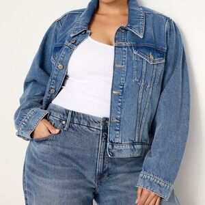 Good American shrunken trucker denim jean jacket semi distressed 2X crop